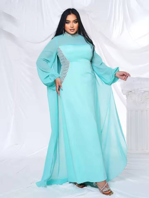 Elegant Round Neck Long Sleeved Plus Size Birthday Party Maxi Dress - Image 3