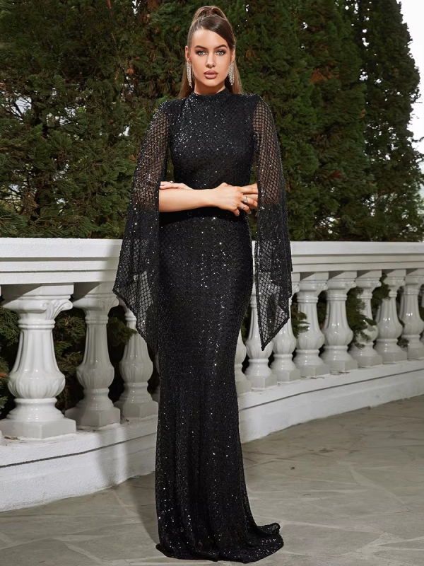 Elegant Sequin Split Sleeve High Neck Evening Prom Gown Bodycon Dresses - Image 23