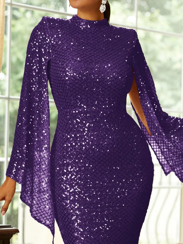 Elegant Sequin Split Sleeve High Neck Evening Prom Gown Bodycon Dresses - Image 5