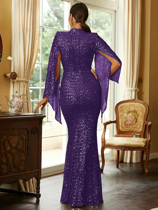 Elegant Sequin Split Sleeve High Neck Evening Prom Gown Bodycon Dresses - Image 6