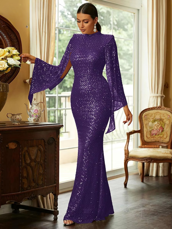 Elegant Sequin Split Sleeve High Neck Evening Prom Gown Bodycon Dresses - Image 3