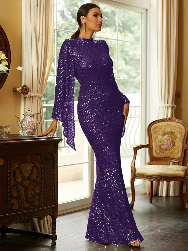 Elegant Sequin Split Sleeve High Neck Evening Prom Gown Bodycon Dresses - Image 4