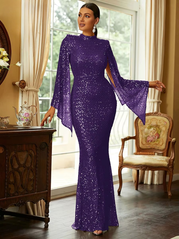 Elegant Sequin Split Sleeve High Neck Evening Prom Gown Bodycon Dresses - Image 2