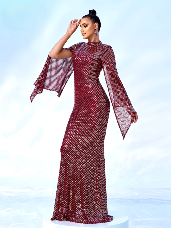 Elegant Sequin Split Sleeve High Neck Evening Prom Gown Bodycon Dresses - Image 29