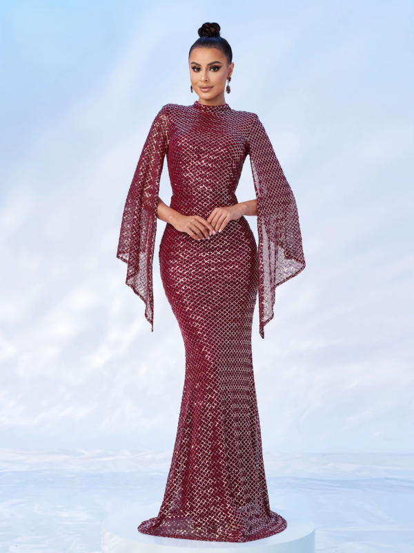 Elegant Sequin Split Sleeve High Neck Evening Prom Gown Bodycon Dresses - Image 30