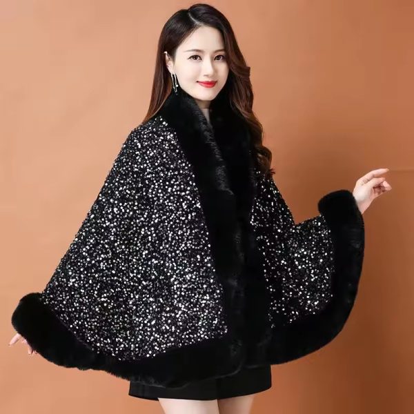 Elegant Shiny Paillette Faux Rex Rabbit Fur Cape Thicken Wraps Coat