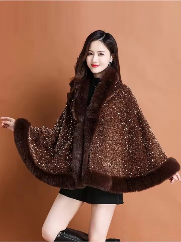 Elegant Shiny Paillette Faux Rex Rabbit Fur Cape Thicken Wraps Coat - Image 2