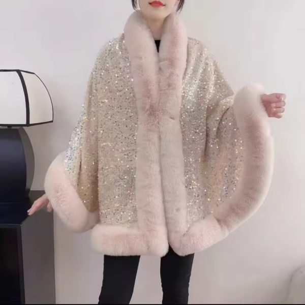 Elegant Shiny Paillette Faux Rex Rabbit Fur Cape Thicken Wraps Coat - Image 4