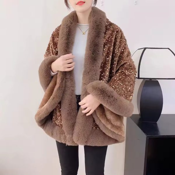 Elegant Shiny Paillette Faux Rex Rabbit Fur Cape Thicken Wraps Coat - Image 10