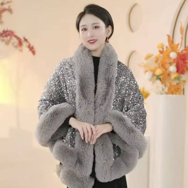 Elegant Shiny Paillette Faux Rex Rabbit Fur Cape Thicken Wraps Coat - Image 11