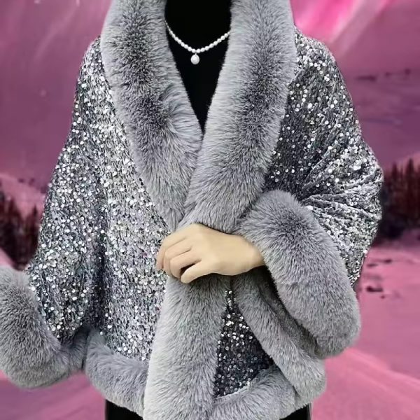 Elegant Shiny Paillette Faux Rex Rabbit Fur Cape Thicken Wraps Coat - Image 5