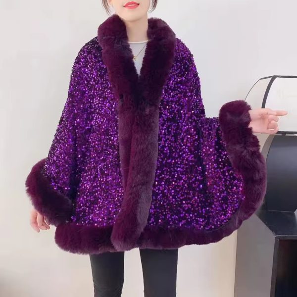 Elegant Shiny Paillette Faux Rex Rabbit Fur Cape Thicken Wraps Coat - Image 9