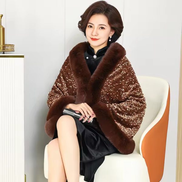 Elegant Shiny Paillette Faux Rex Rabbit Fur Cape Thicken Wraps Coat - Image 3