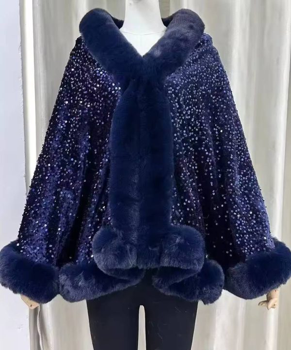 Elegant Shiny Paillette Faux Rex Rabbit Fur Cape Thicken Wraps Coat - Image 13