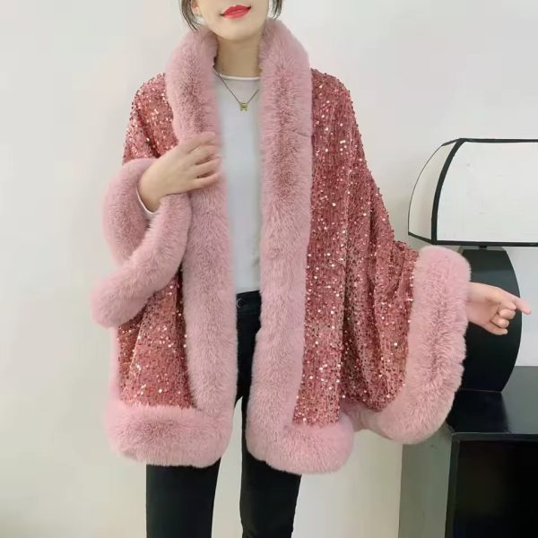 Elegant Shiny Paillette Faux Rex Rabbit Fur Cape Thicken Wraps Coat - Image 8