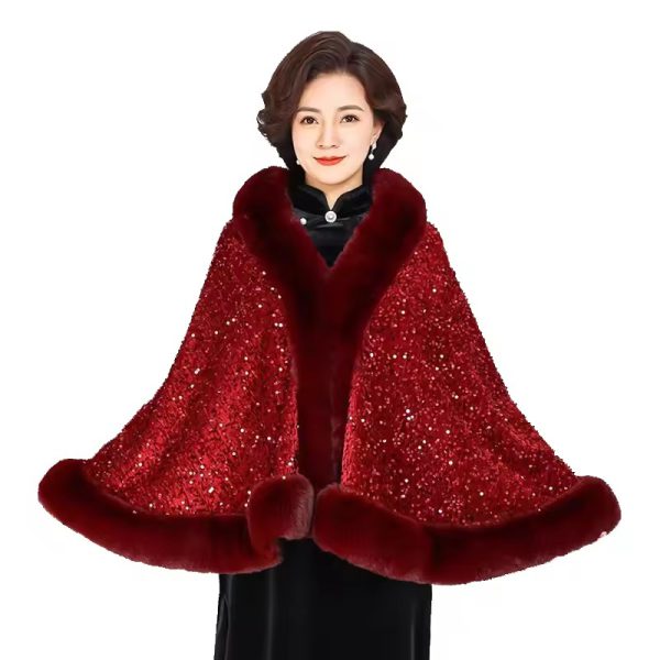 Elegant Shiny Paillette Faux Rex Rabbit Fur Cape Thicken Wraps Coat - Image 6