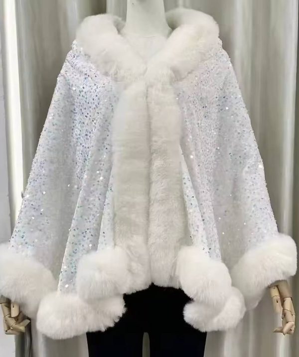 Elegant Shiny Paillette Faux Rex Rabbit Fur Cape Thicken Wraps Coat - Image 14