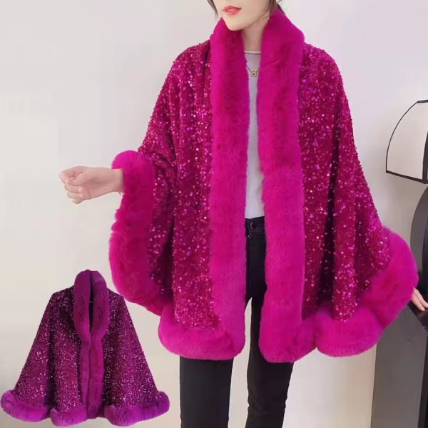 Elegant Shiny Paillette Faux Rex Rabbit Fur Cape Thicken Wraps Coat - Image 7