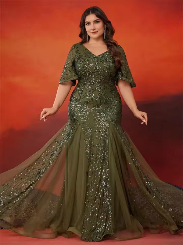 Elegant Short Sleeves Sequin Mermaid Formal Plus Size Maxi Dress