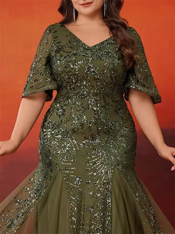 Elegant Short Sleeves Sequin Mermaid Formal Plus Size Maxi Dress - Image 2