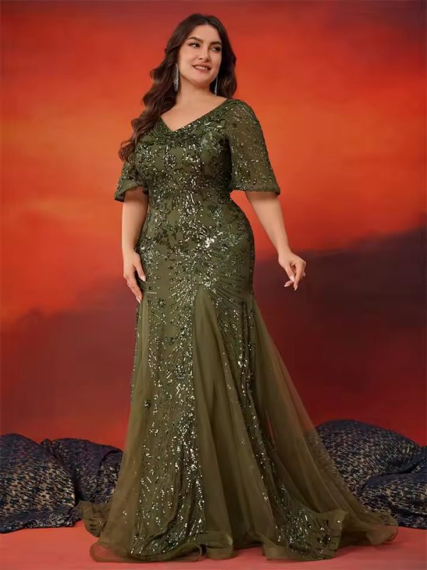 Elegant Short Sleeves Sequin Mermaid Formal Plus Size Maxi Dress - Image 3