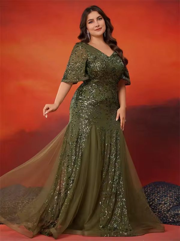 Elegant Short Sleeves Sequin Mermaid Formal Plus Size Maxi Dress - Image 5