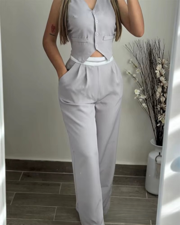 Elegant Sleeveless High Waist Straight Vest Top Long Pants Two Piece Sets - Image 3