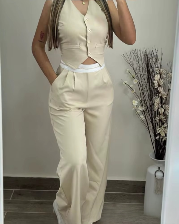 Elegant Sleeveless High Waist Straight Vest Top Long Pants Two Piece Sets