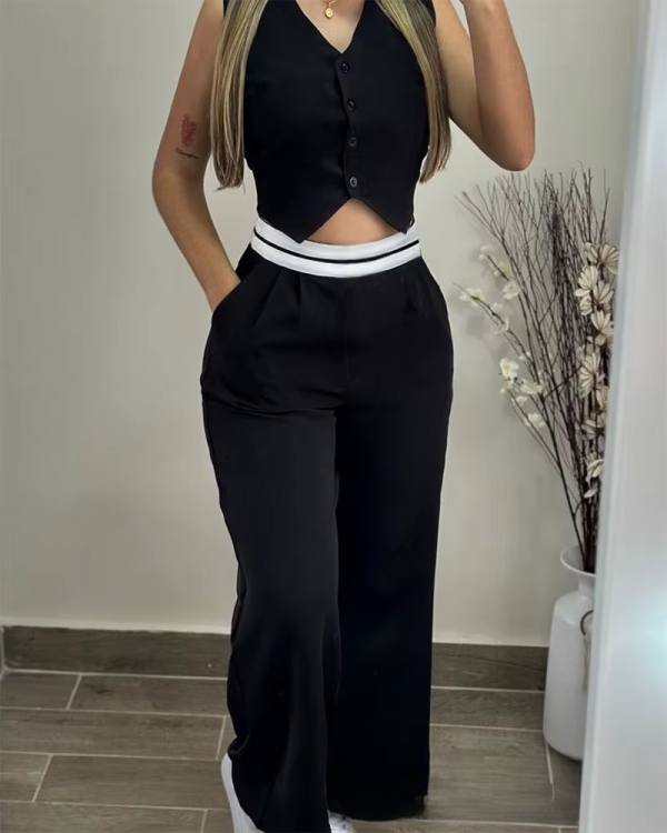 Elegant Sleeveless High Waist Straight Vest Top Long Pants Two Piece Sets - Image 4