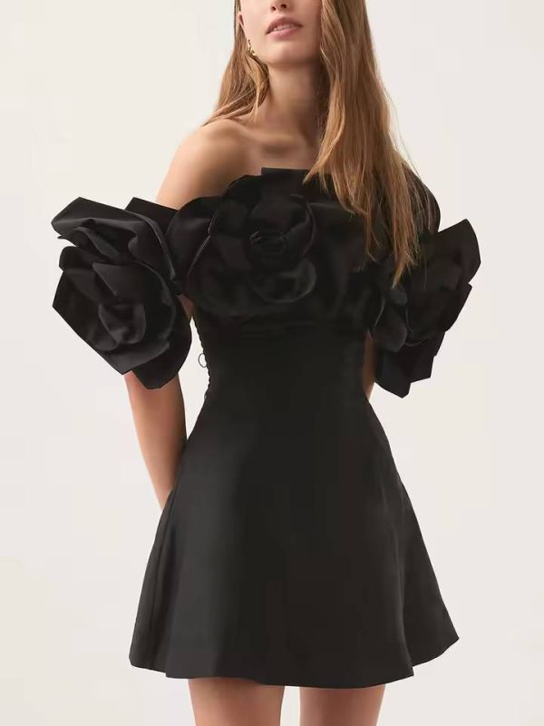 Elegant Spliced Appliques Off Shoulder High Waist Mini Dress