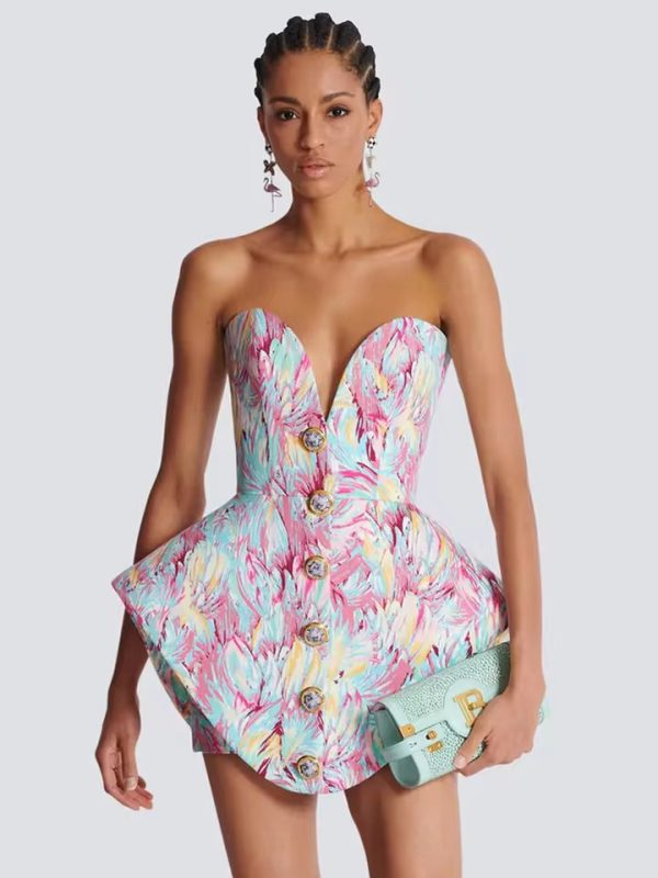 Elegant Strapless Backless Print Button A Line Party Evening Club Celebrity Mini Dress