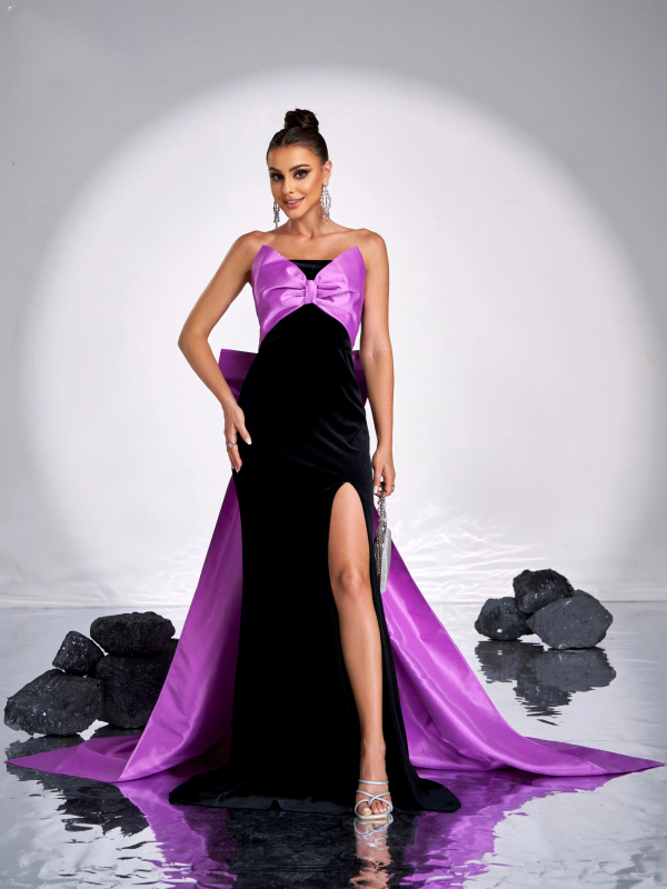 Elegant Strapless Chic Split Evening Formal Occasion Bow Wedding Birthday Party Luxury Cocktail Dress