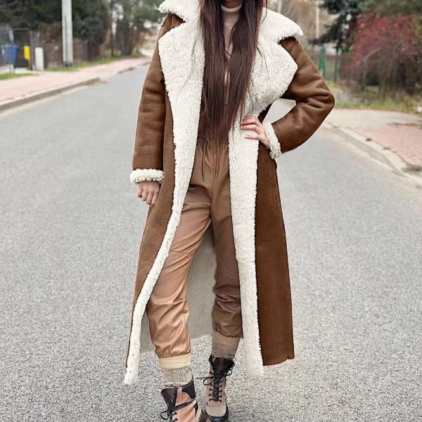 Elegant Turn Down Collar Full Sleeve Warm Thick Splice Maxi Jackets - Image 8