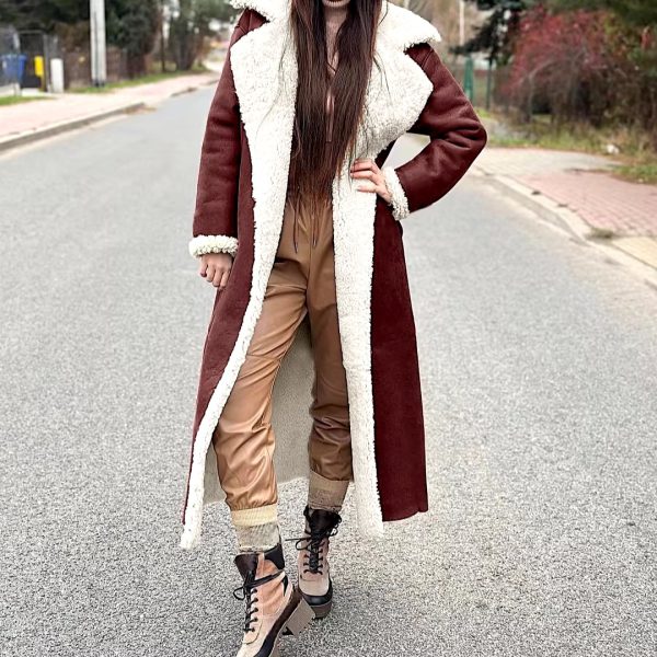 Elegant Turn Down Collar Full Sleeve Warm Thick Splice Maxi Jackets - Image 2