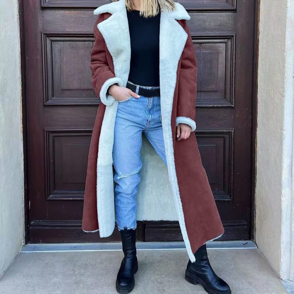 Elegant Turn Down Collar Full Sleeve Warm Thick Splice Maxi Jackets