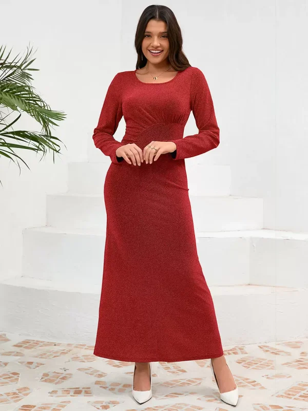 Elegant U-Neck Pleated Long Sleeves Semi Formal Party Dress - Image 12