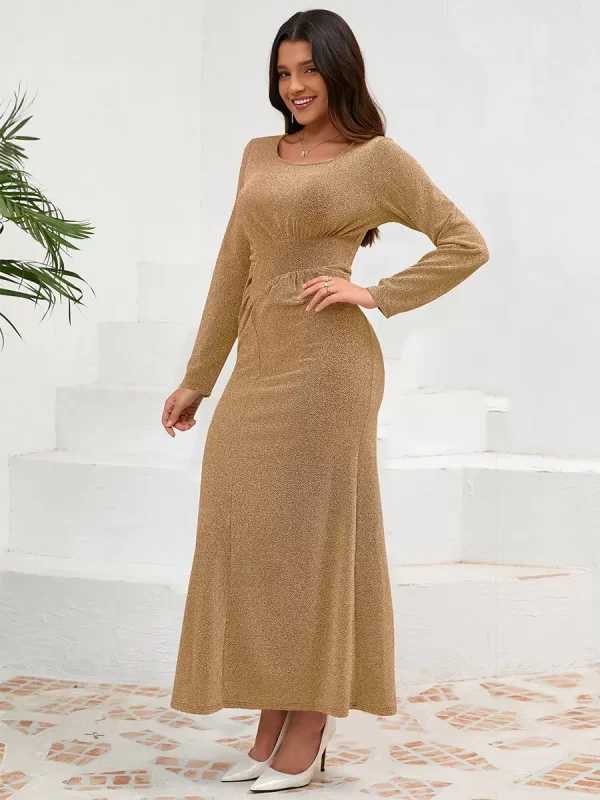 Elegant U-Neck Pleated Long Sleeves Semi Formal Party Dress - Image 2