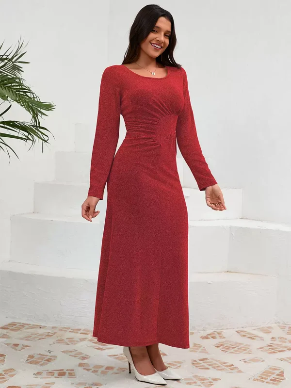 Elegant U-Neck Pleated Long Sleeves Semi Formal Party Dress - Image 11