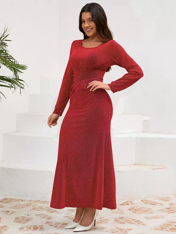 Elegant U-Neck Pleated Long Sleeves Semi Formal Party Dress - Image 10