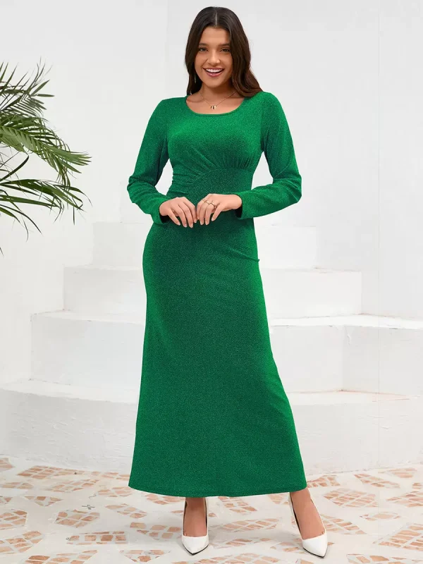 Elegant U-Neck Pleated Long Sleeves Semi Formal Party Dress - Image 7