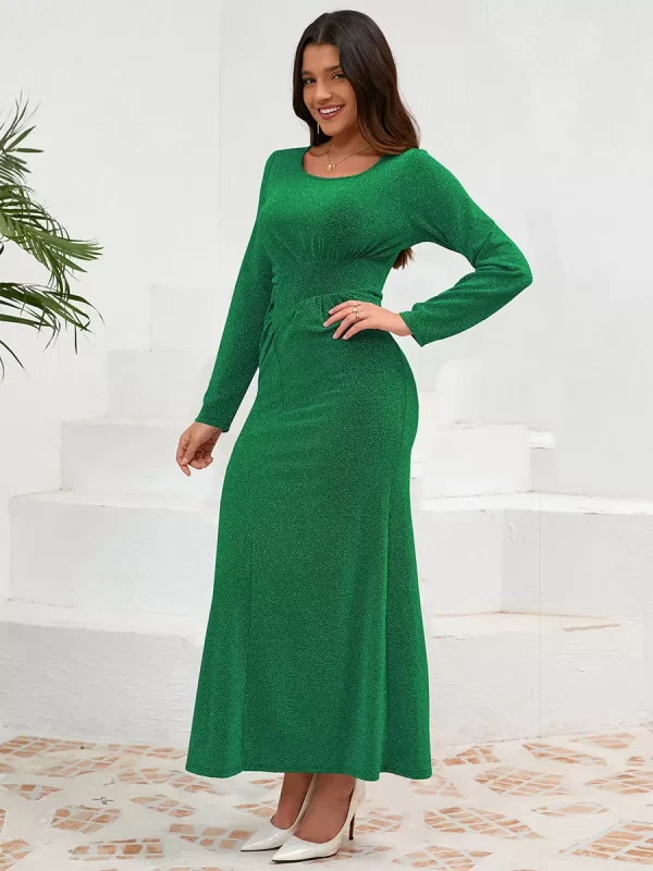 Elegant U-Neck Pleated Long Sleeves Semi Formal Party Dress - Image 6