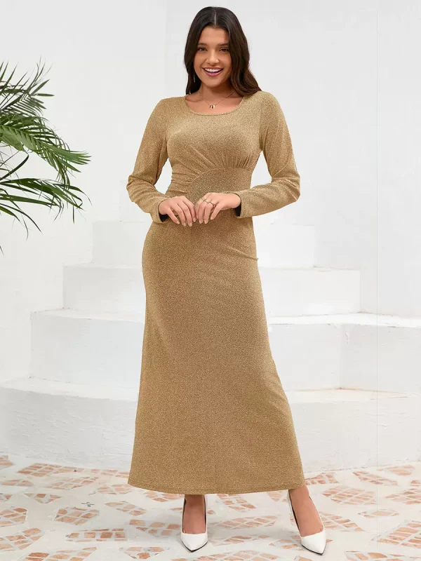 Elegant U-Neck Pleated Long Sleeves Semi Formal Party Dress