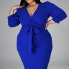 Elegant V-Neck Sash Belt Plus Size Pencil Midi Dress - Image 2