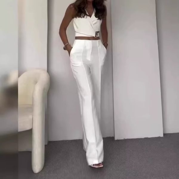 Elegant V Neck Sleeveless Button High Waist Wide Leg Long Pants Slim Fit Vest Tops Two Piece Sets - Image 2