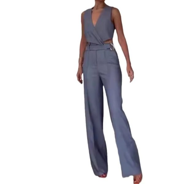 Elegant V Neck Sleeveless Button High Waist Wide Leg Long Pants Slim Fit Vest Tops Two Piece Sets - Image 6