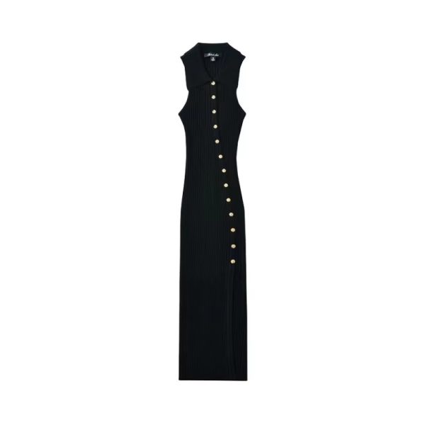 Elegant V Neck Sleeveless Hip Wrap Splice Solid Button Slim Fit Long Dresses - Image 2