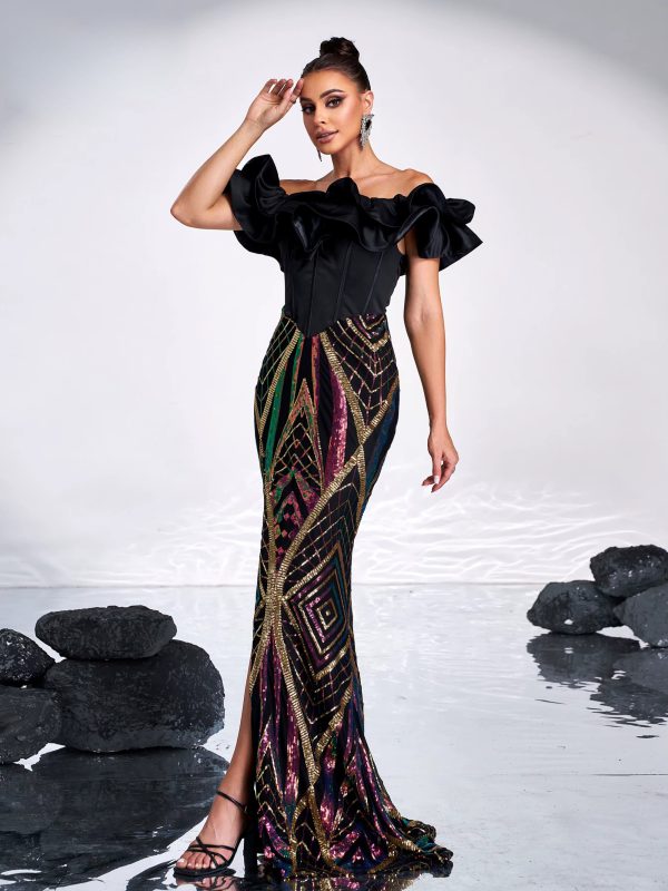 Elegant Off Shoulder Panel Geometric Sequin Split Wedding Birthday Vestidos Dresses - Image 2