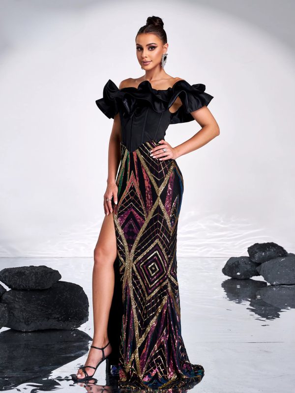 Elegant Off Shoulder Panel Geometric Sequin Split Wedding Birthday Vestidos Dresses - Image 3