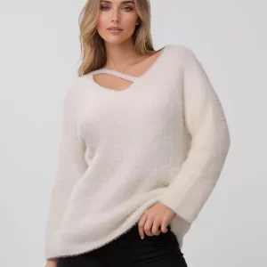 Embellished Collar Cut Out Long Sleeves Oversized Polyester Pullover Sweaters