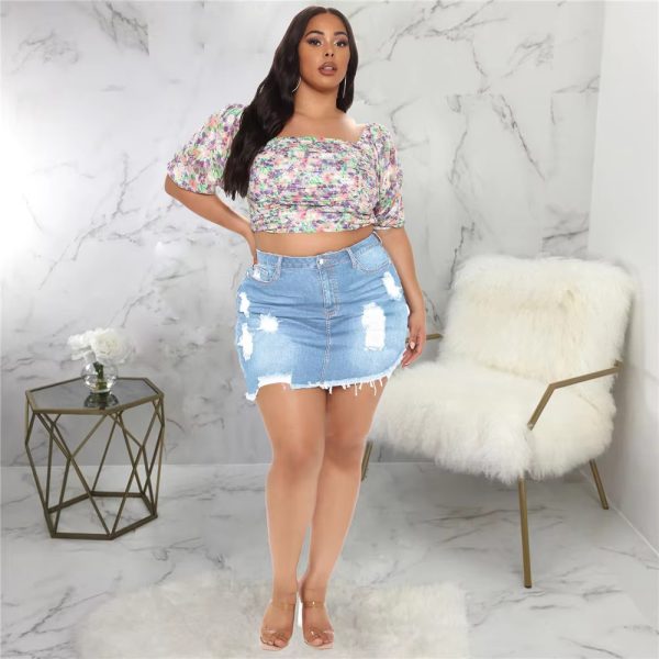 Empire Medium Stretch Plus Size Jean Wrap Skirts